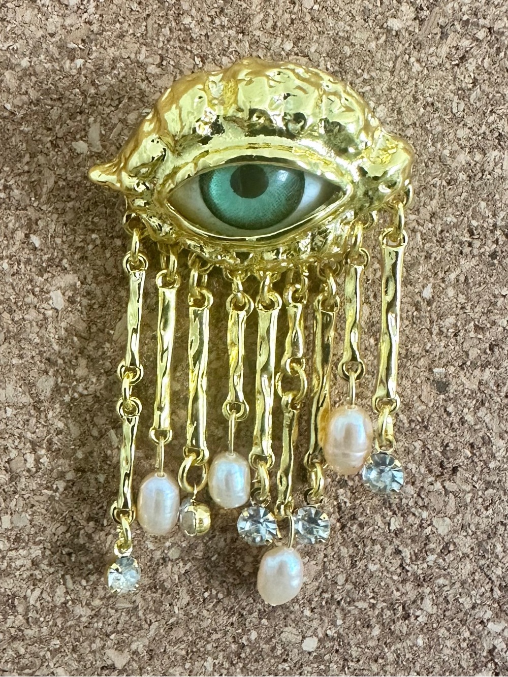 Golden Eye & Pearls Fringe Surrealist Brooch